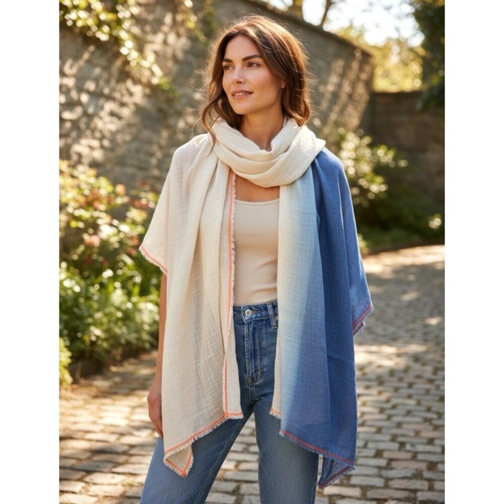 Boho Linen Gauze Scarf Fringe Lightweight Wrap Coastal Neutral Blue Shawl